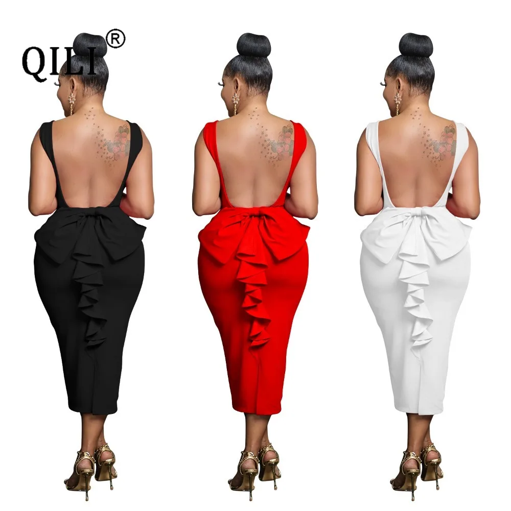 QILI Europe and The United States Fashion Women's White Black V-neck Sexy Backless Long Dress Red Female