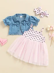 0-3 Years Old Baby Girl Love Strap Skirt Cute Bow Denim Cropped Jacket Set