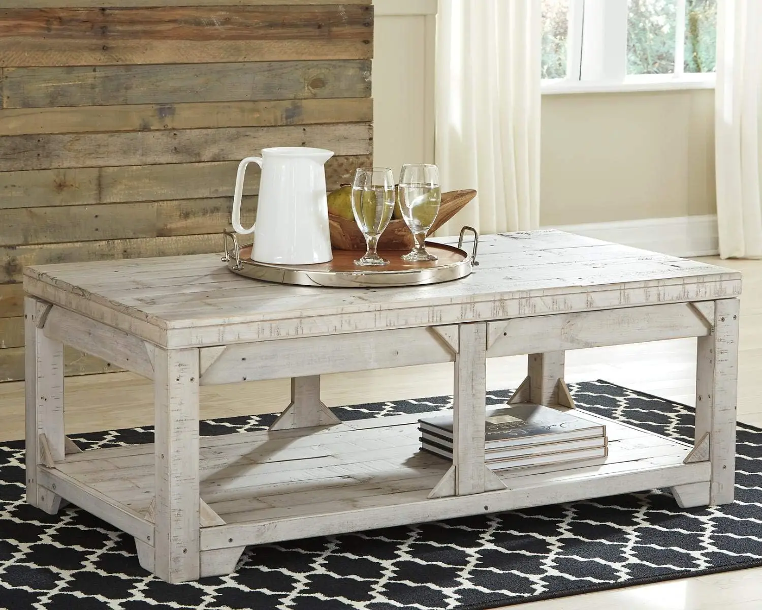 Fregine Farmhouse Rectangular Lift Top Coffee Table With Floor Shelf, Whitewash With Weathered Finish