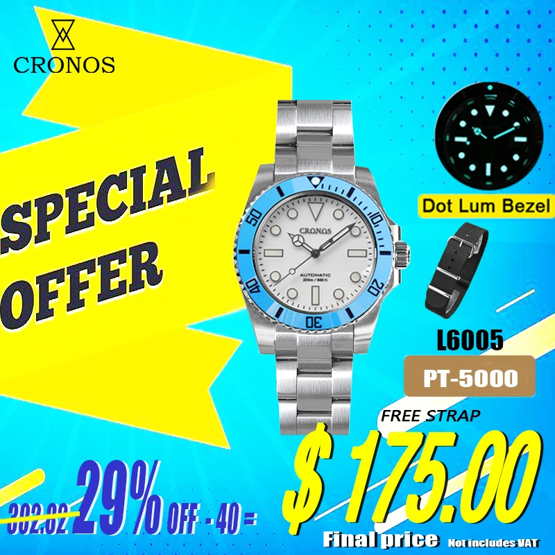 

Cronos Sub Diver Men Watch Black&White No Date PT5000 Bracelet Ceramic Rotating Bezel 200 meters Water Resistant reloj hombre