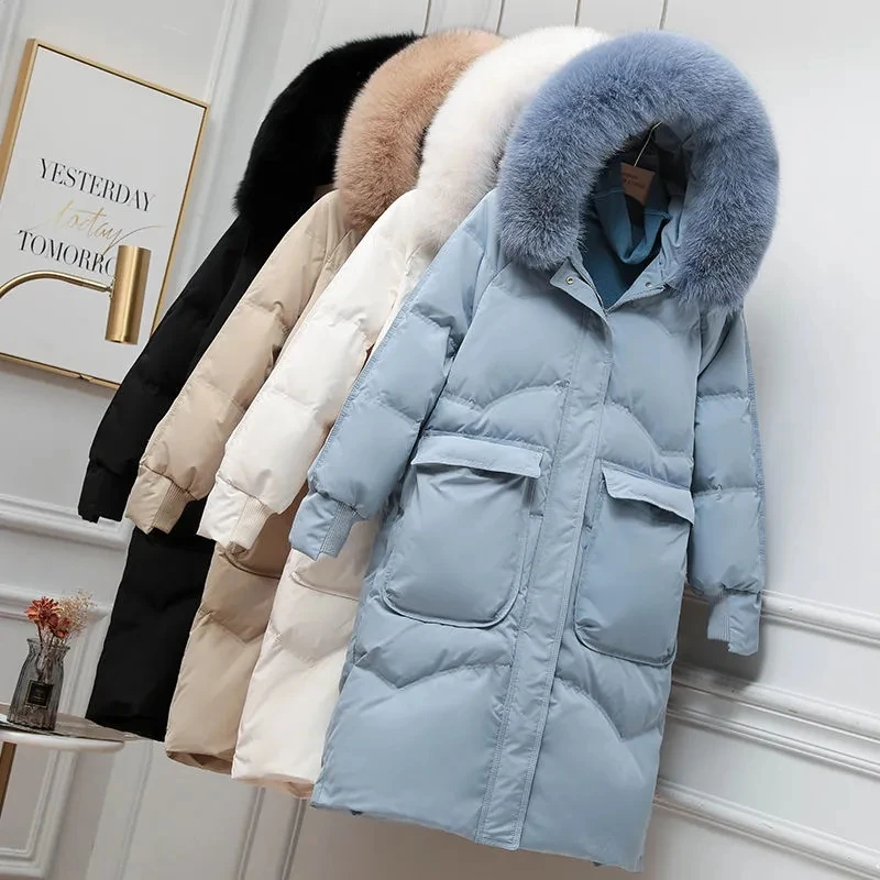 New Female Down Jackets Winter New White Duck Down Large Size Long Hat Big Fur Collar Thickened High-Grade Warm Coats Women