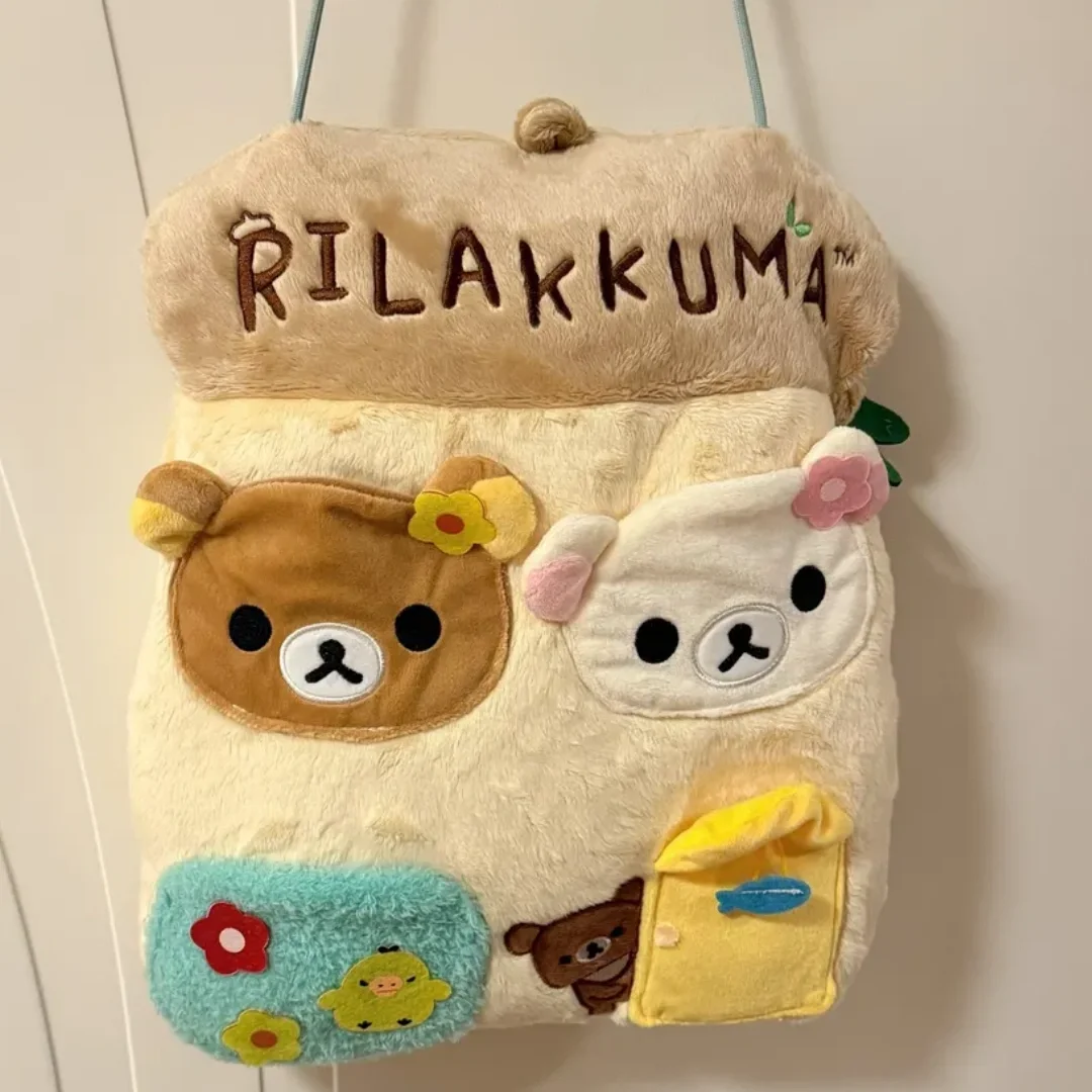 Rilakkuma Hanging Storage Bag Cute Plush Wall Mounted Multi Pocket Organizer For Dorm Bedroom Small Sundries Storage