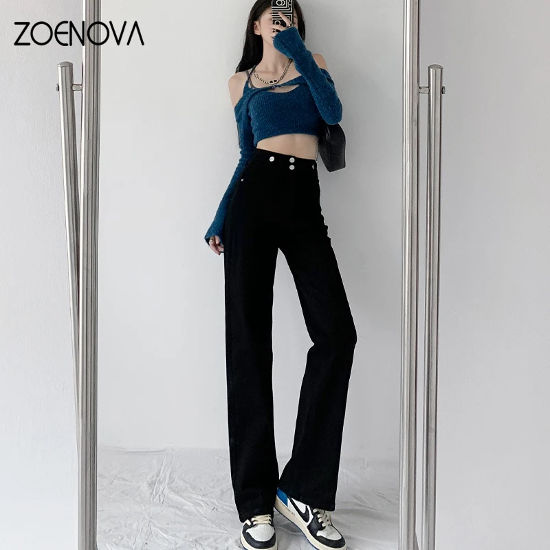 ZOENOVA Harajuku Fashion Thick Jeans Women Streetwear Casual Baggy Elastic Straight  Mom Jean Denim Pants Oversize Full Length