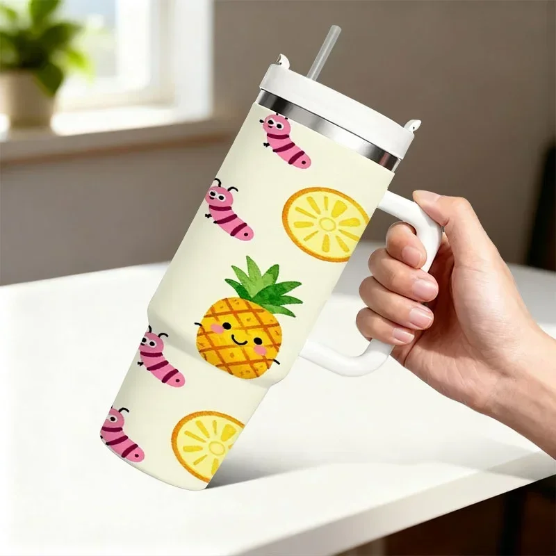 Stainless Steel Insulated Tumbler, 40Oz Cute Digital Print with Smiling Pineapples, Pink Caterpillars And Lemon Slices, Lightweight Portable Reusable Drink Cup for Home, Office And Outdoor Daily Use