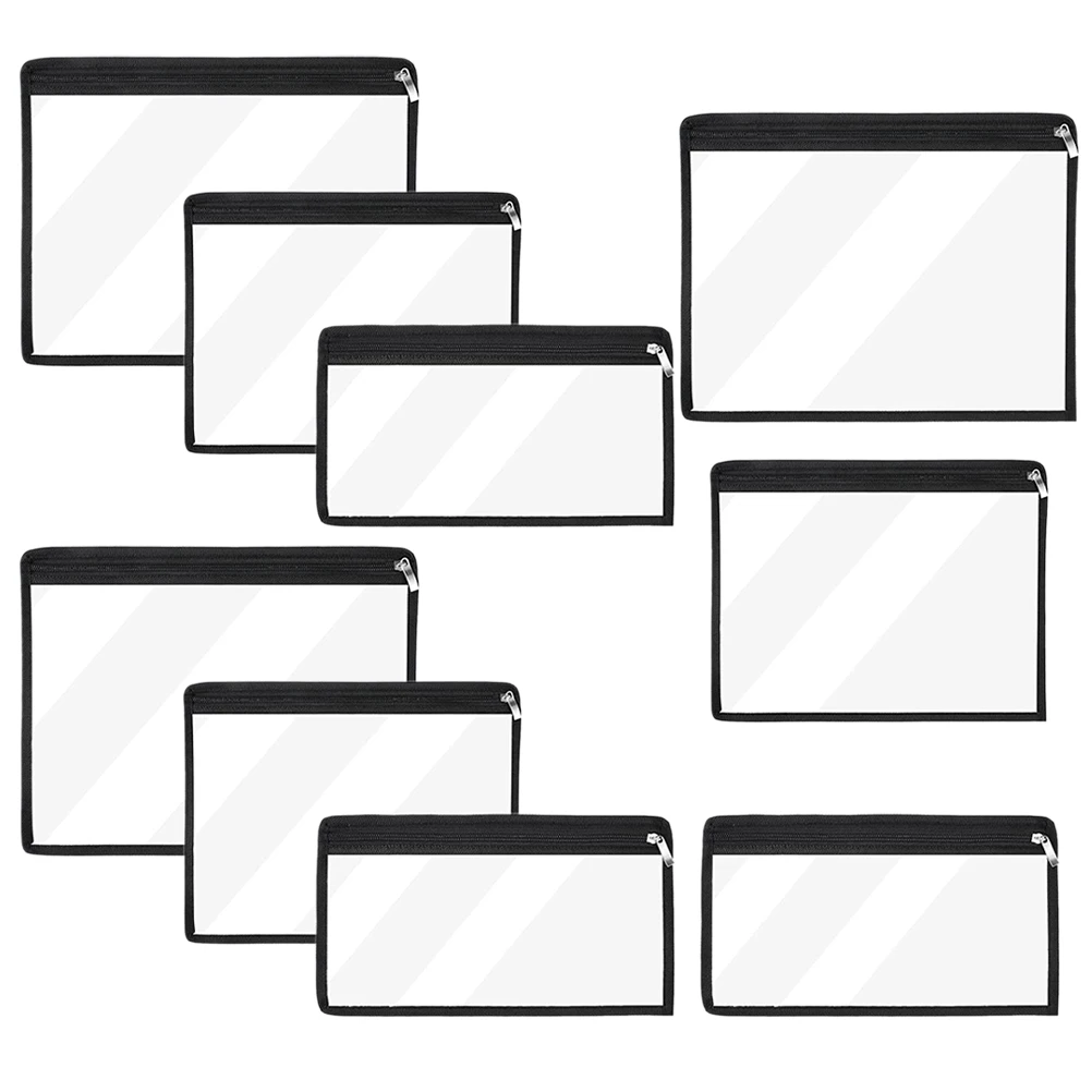 

9 Pcs PVC Black Transparent Pen Bags Large Capacity Travel Storage Suitable for Pens Coins Pencils Rulers Glue Zipper Pencil