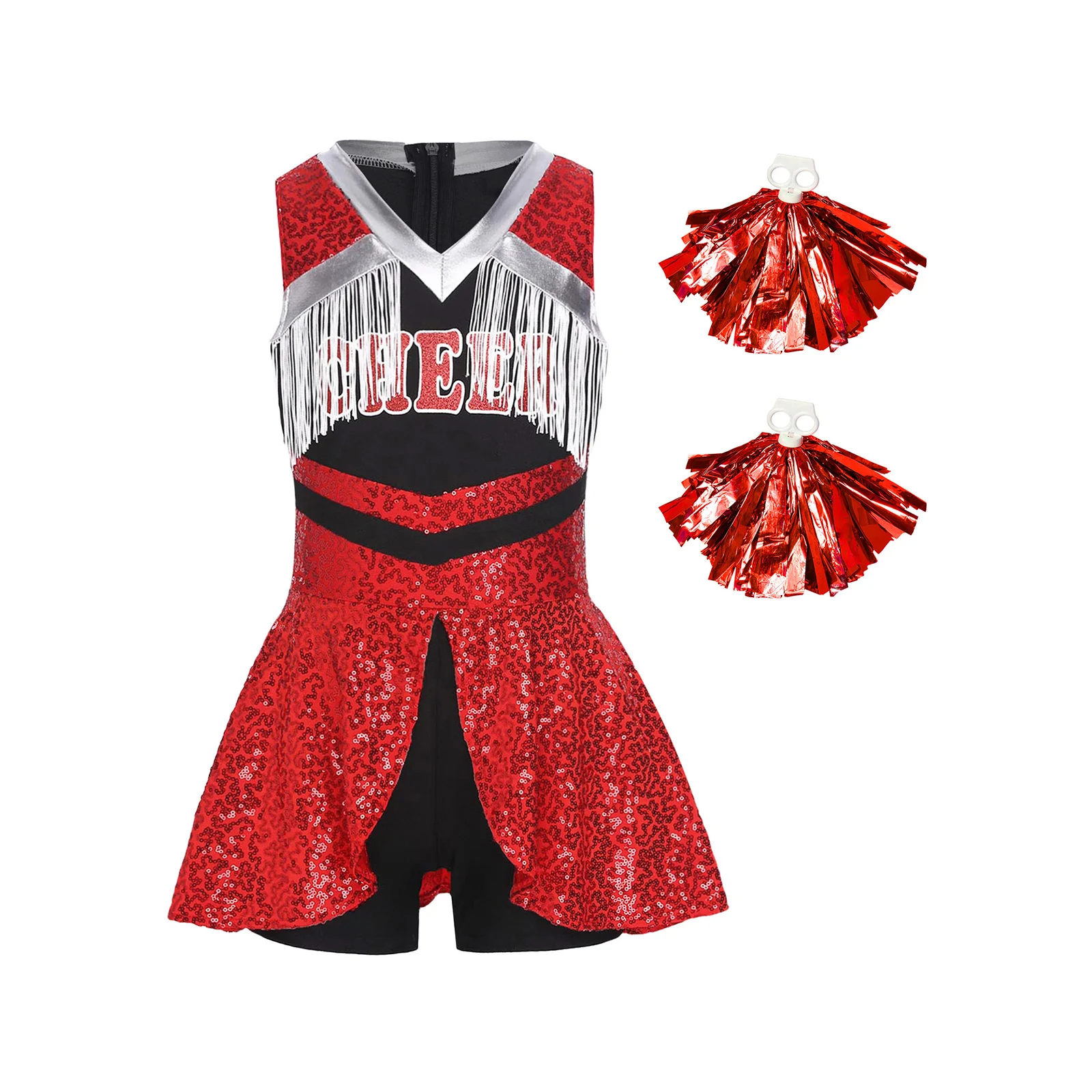 

Girls Cheerleader Costume Cheer Dance Performance Costumes Sequins Tassels Boyshorts Jumpsuit with Tassel Hand Flowers Props