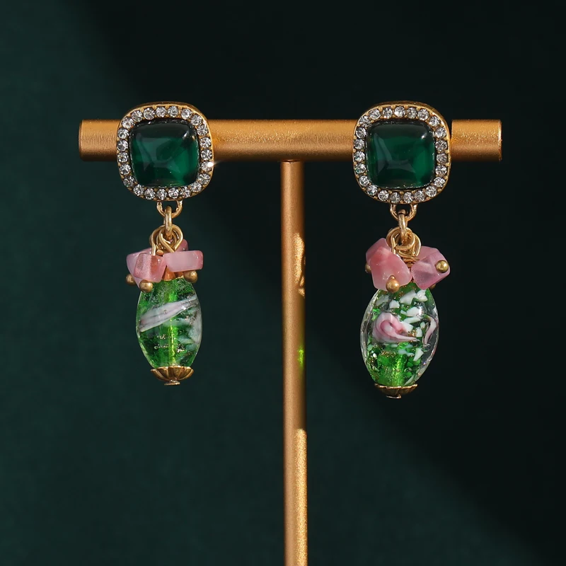 

Vintage Green Square Crystal Dangle Earrings for Women Sweet Pink Bead Bowknot Princess Fashion Pendiente Piedra Natural Jewelry