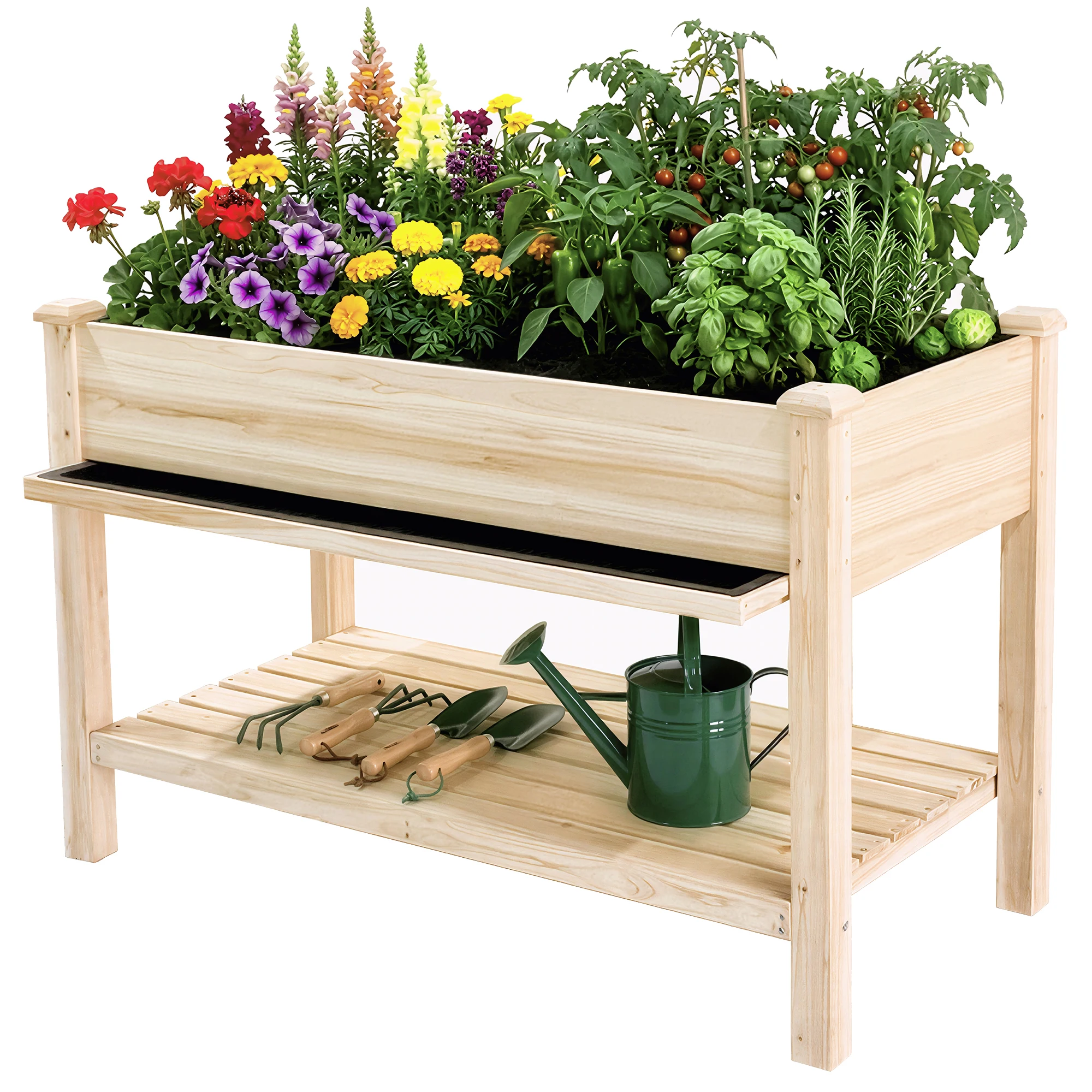 Raised Garden Bed 48x23x31.1-inch Elevated Wood Planter with Water Collection Tray, Storage Shelf, Protective Liner