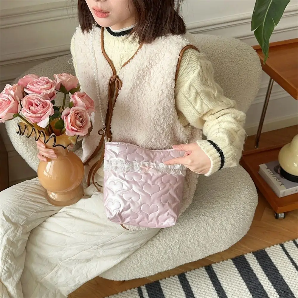 Fashionable Space Cotton Pearls Chain Crossbody Bag Love Heart PU Mobile Phone Bag Makeup Bag Printed Bow Shoulder Bag Student