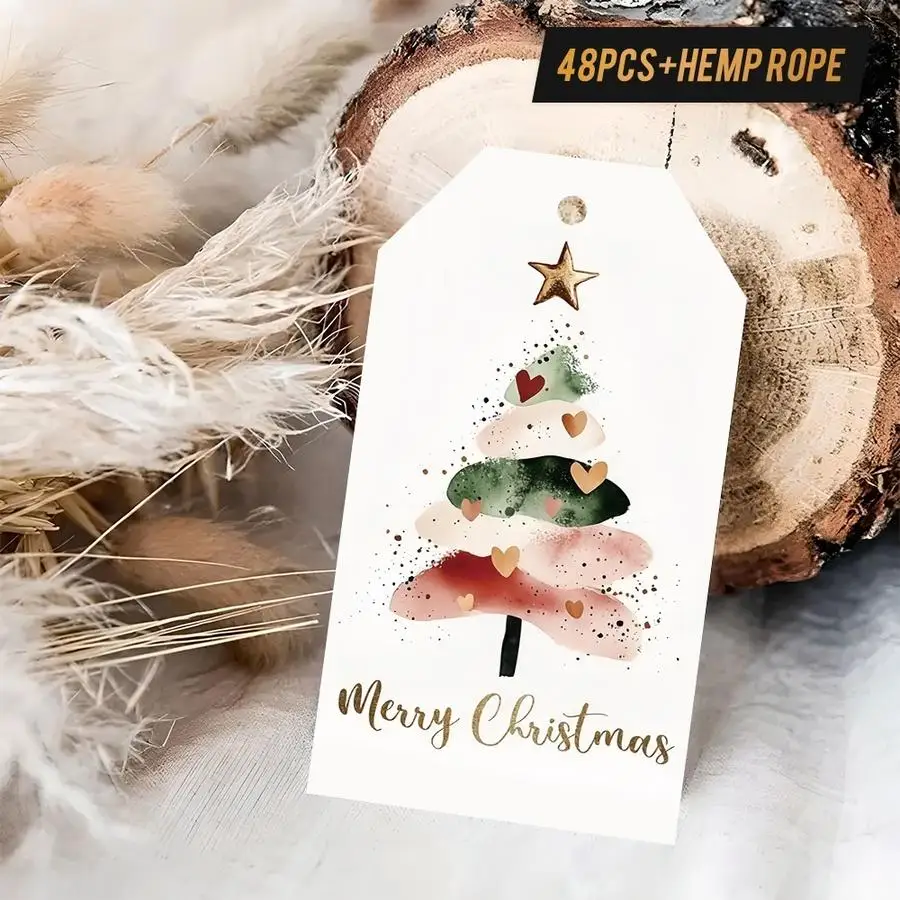 1/5/10/20/50/100pcs Watercolor Christmas Tree Gift Tags with Jute Twine — Golden Star and Pink Heart Decorations, Merry Christma