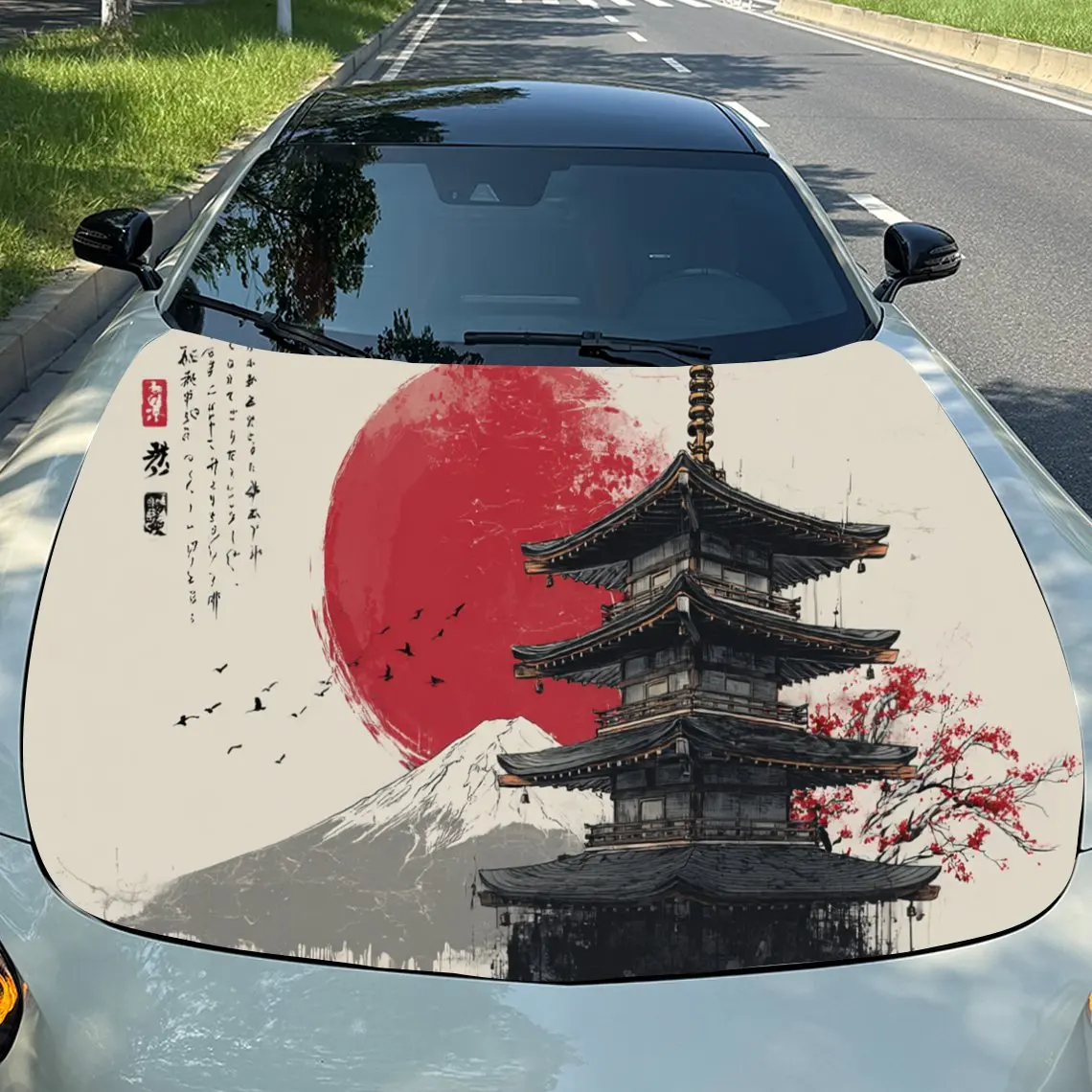 

Japanese Pagoda Art Fuji Mountain Cherry Blossoms PVC Car Engine Hood Vinyl Wraps, Self-Adhesive Waterproof Car Hood Decal Stick