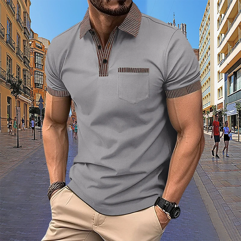 Polo de manga corta con cuello a rayas para hombre, ropa barata con bolsillo, verano, 2024