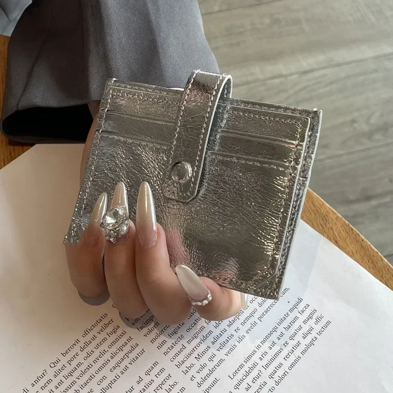 Women Multi-card Slot Clutch Zipper Coin Purse Cute Coin Bag ID Card Holder Bags Silver Genuine Leather Wallet