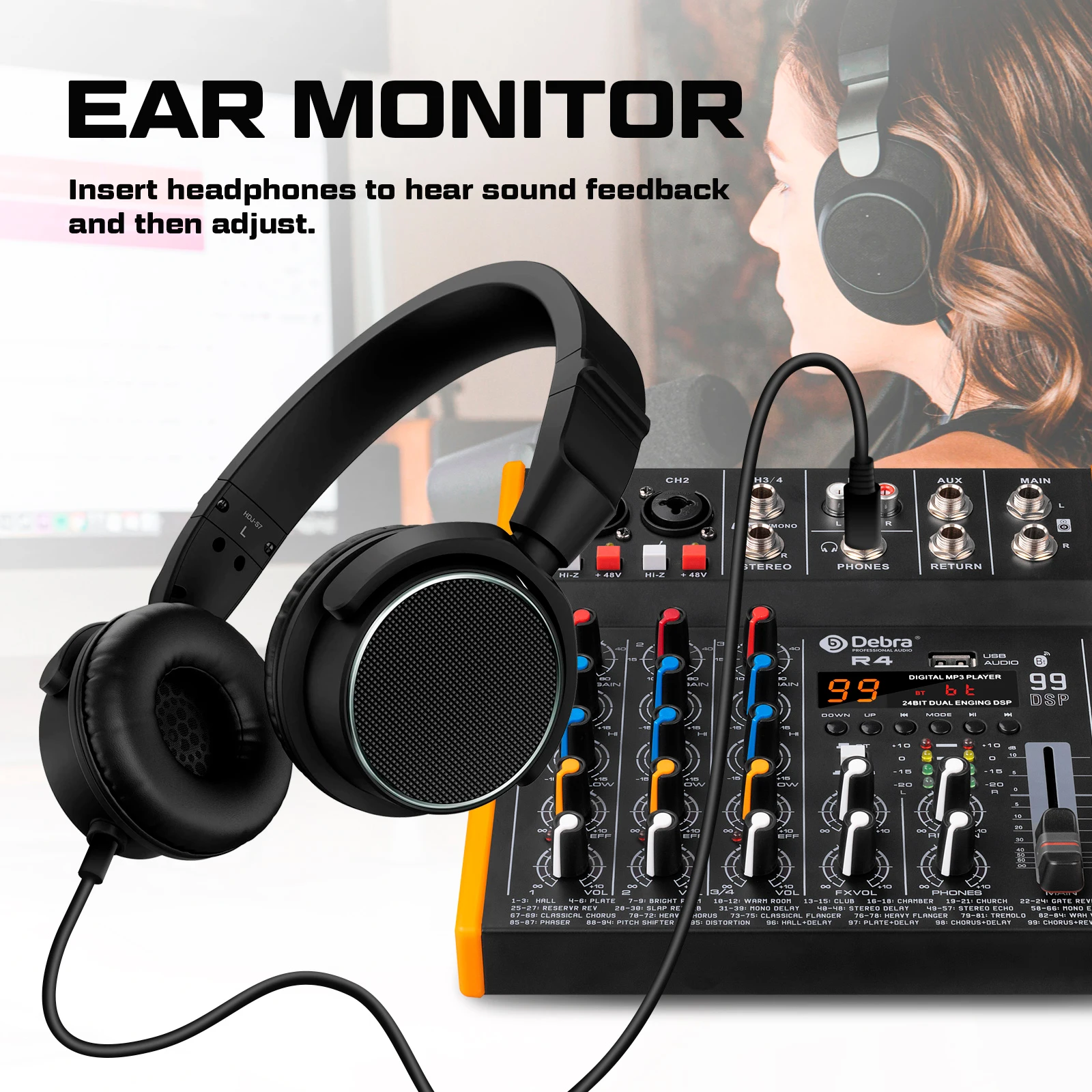 Debra جهاز مزج الصوت المعدني DJ وحدة التحكم OTG R4/R6 مع بلوتوث 48 فولت تأخير الطاقة تكرار تأثير لوحدة التحكم خلط الصوت تسجيل الكمبيوتر