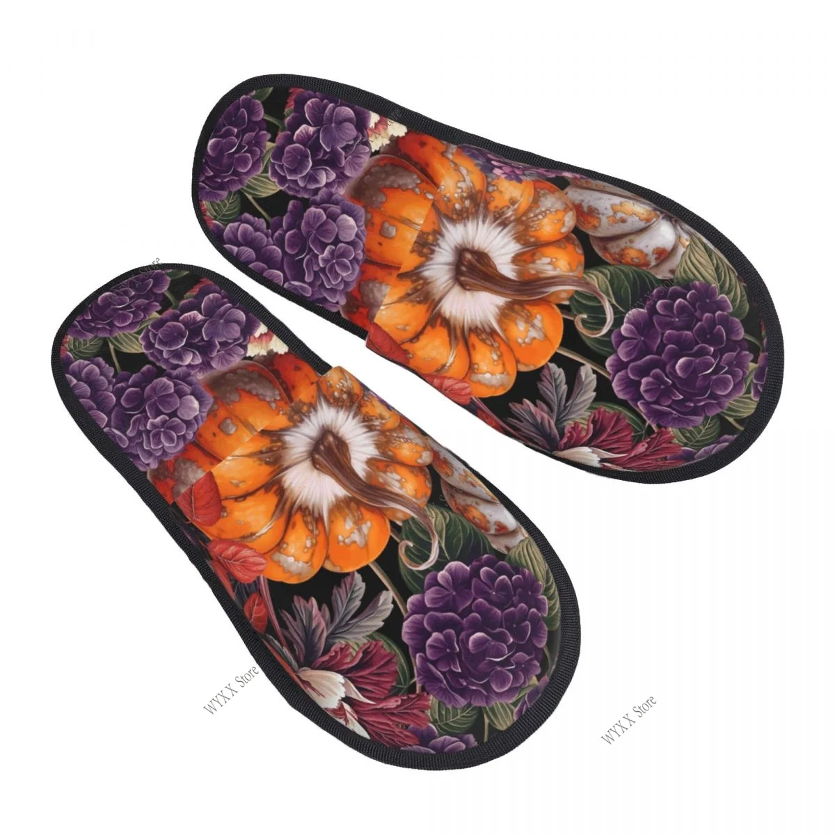 

Men Women Plush Indoor Slippers Pumpkins Antique Lanterns Berries And Flowers Warm Soft Shoes Home Footwear Autumn Winter
