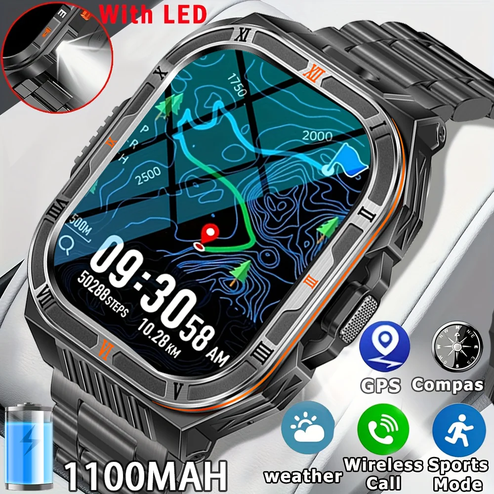 

Новые умные часы для мужчин, 2,01 дюйма, HD-экран, 3 атм, водонепроницаемый фонарик, монитор здоровья, аккумулятор 1100 мАч, спортивные умные часы с Bluetooth-вызовом