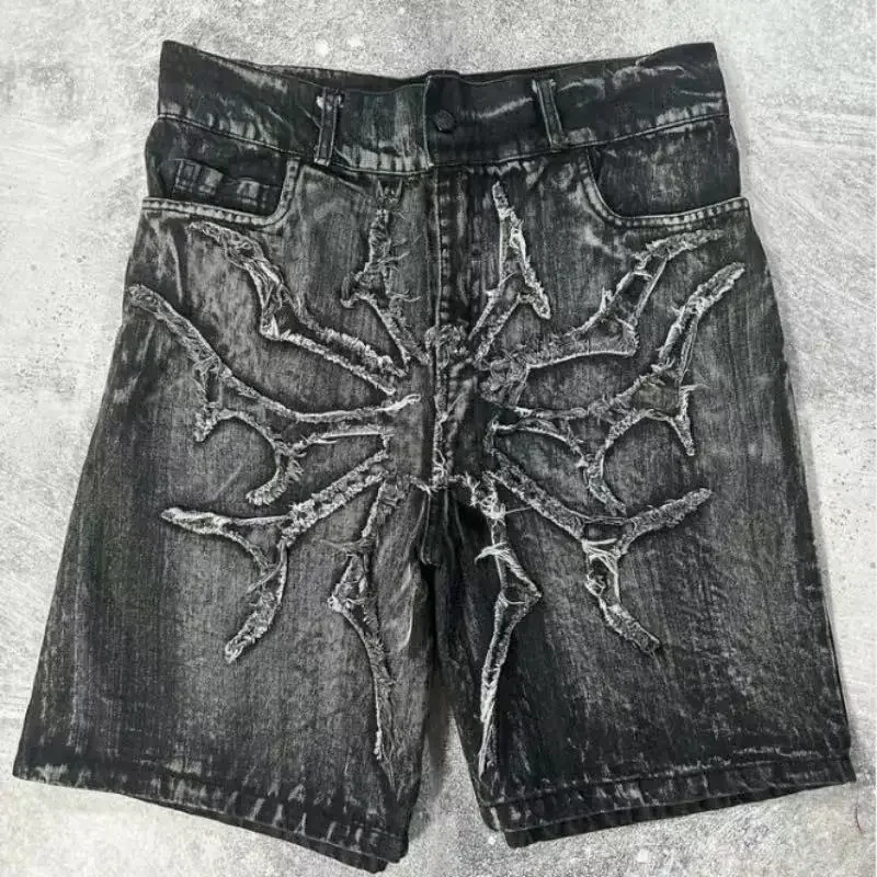 Patchwork Borduurwerk Abstract Patroon Retro Distressed Stijl Denim Shorts Y 2K Losse Hiphop Rock Punk Sport Shorts Trendy