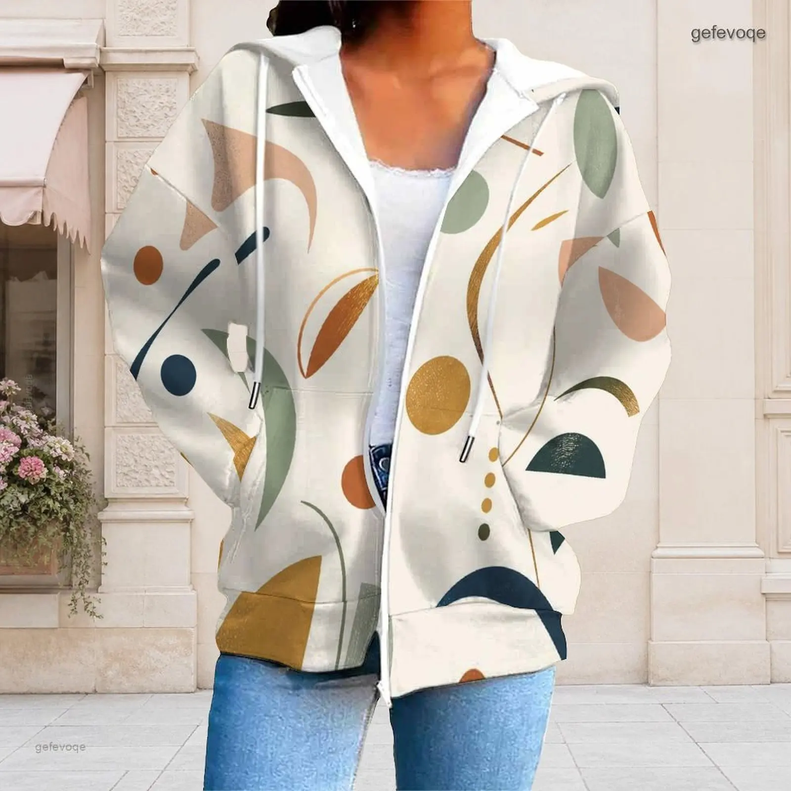 Women Abstract Geometric Printed Long Sleeve Zip Up Hoodie with Pockets