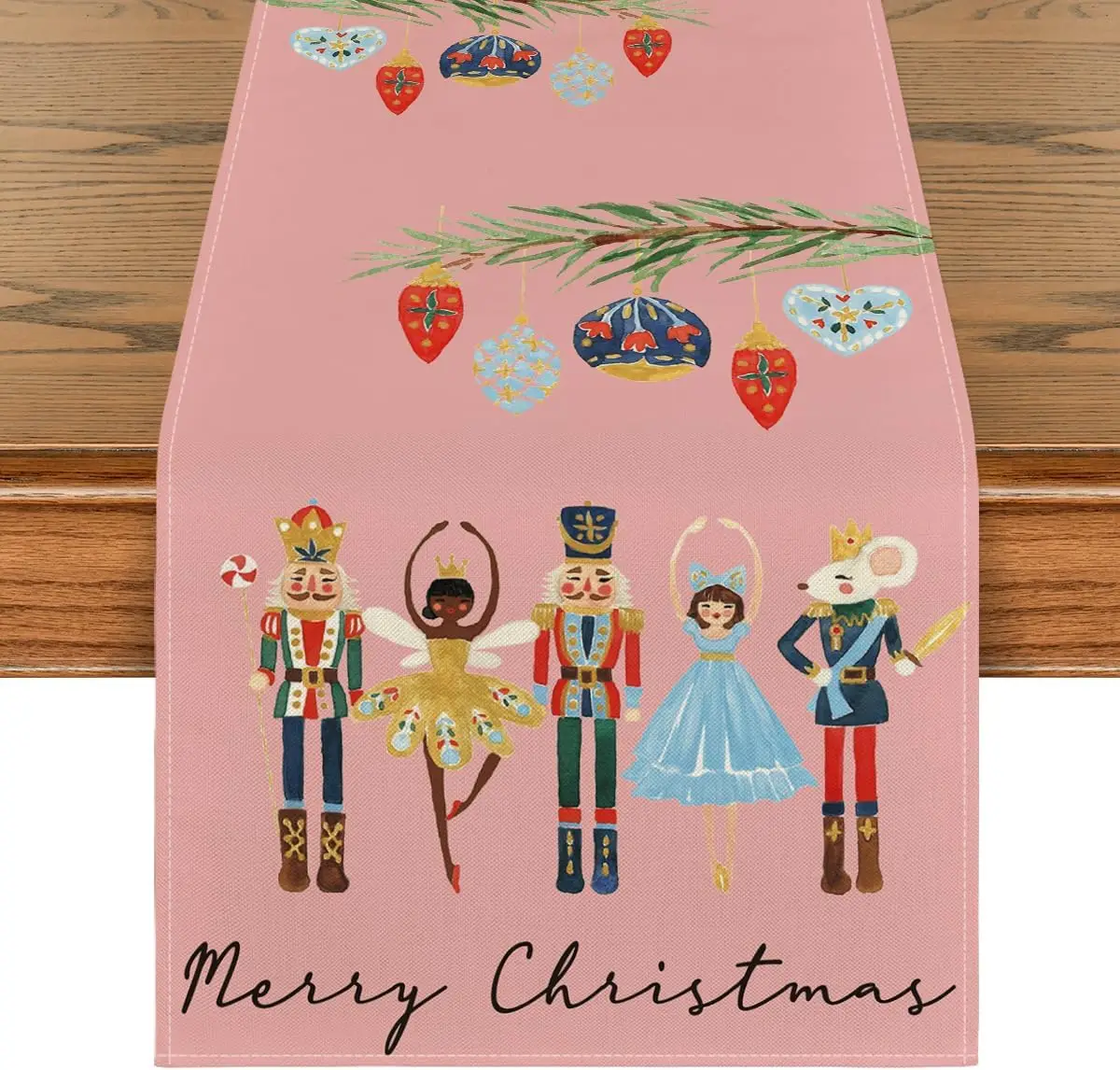 Merry Christmas Pink Nutcrackers Balls Linen Table Runner Party Decor Winter Kitchen Dining Table Runners Christmas Decorations