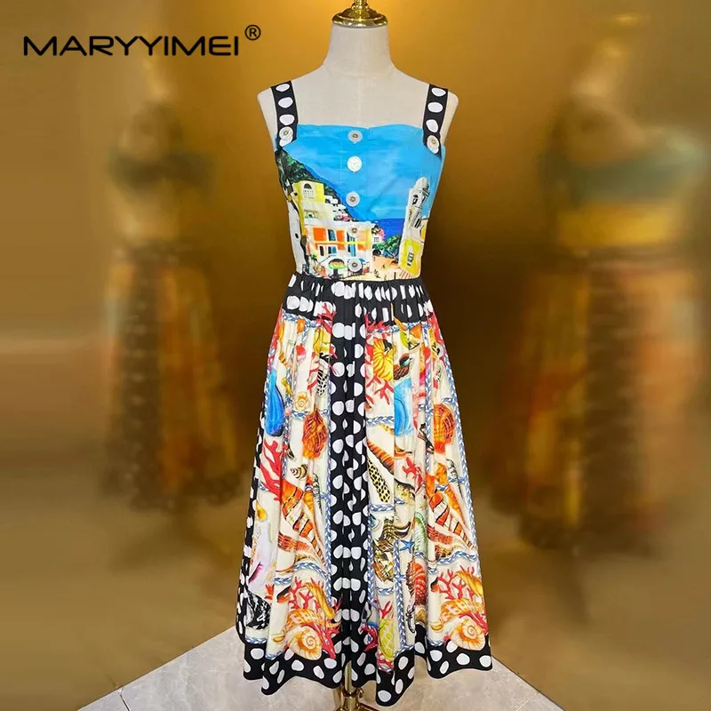 

MARYYIMEI Women's Beach Vacation Cotton Dress Summer Spaghetti Strap Backless Button Dot Print Pleated Dresses