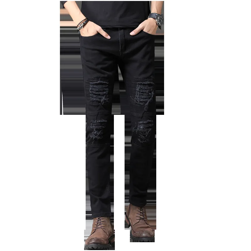 

New Men's Black Jeans Korean Version Ripped Slim-fitting Small Feet Teen Mid-waist Trousers