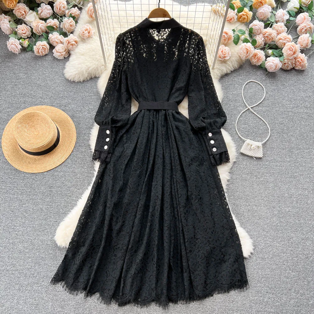 Elegant Black Lace Dress Women Lantern Sleeve Turn Down Collar Hollow Out Big Swing Long Dress Spring Autumn Ladies Party Dress