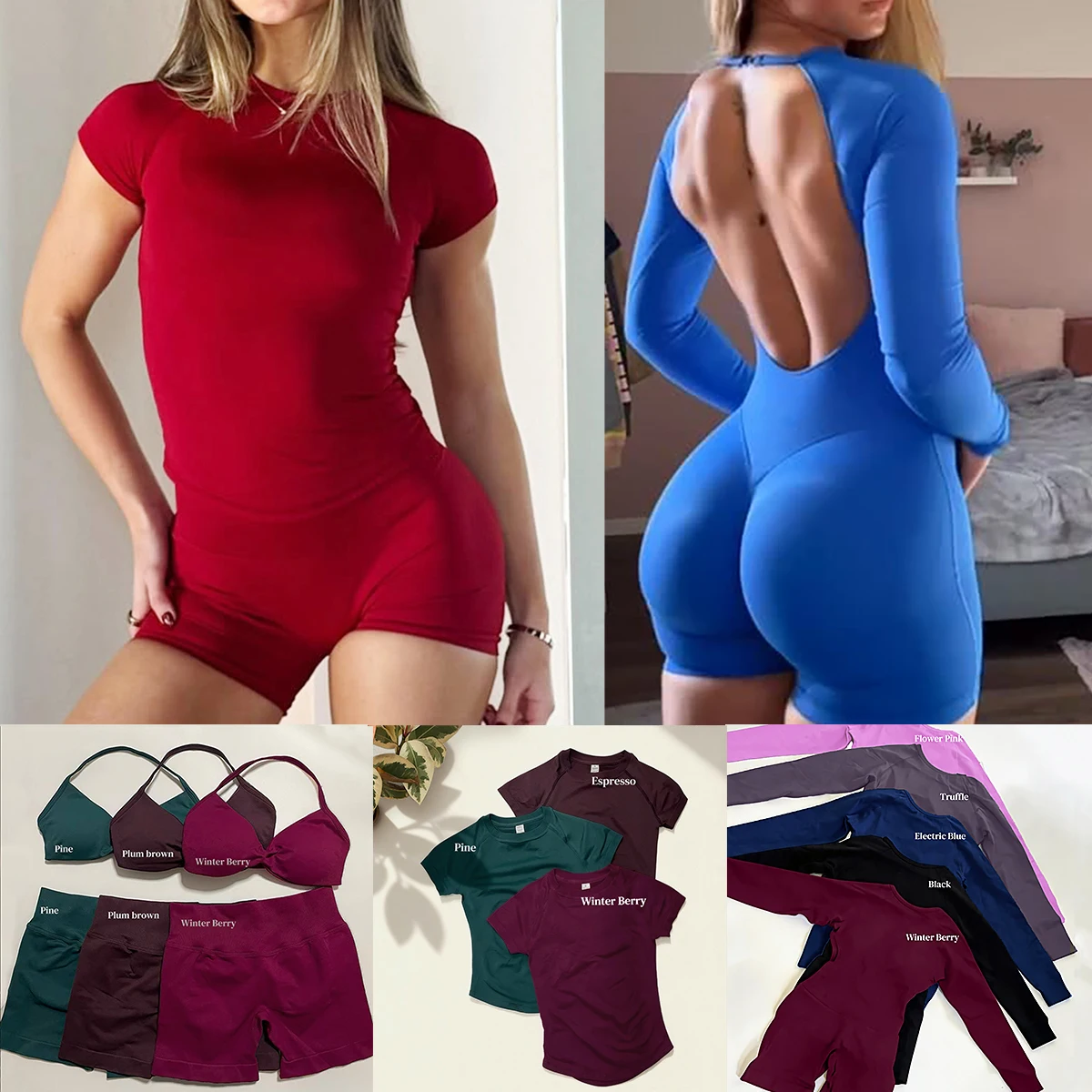 3 Pieces Gym Set Woman Seamless Short Sleeve Top & Scrunch Gym Shorts& Sport Strappy Bra Bodysuit Workout Suits Gym Clothes