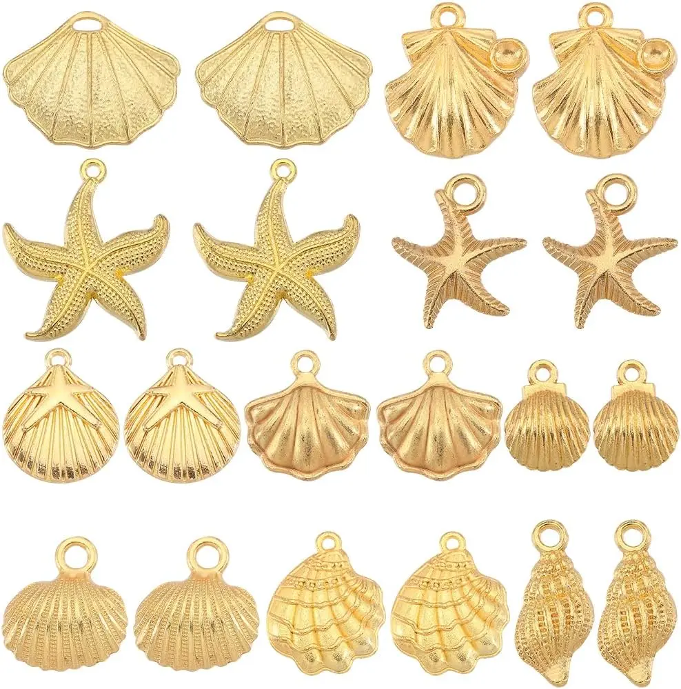 

1 Box 60Pcs 10 Styles Seashell Charms Gold Starfish Charm Bulk Alloy Conch Summer Ocean Life Theme Sea Animals Beach Charms for