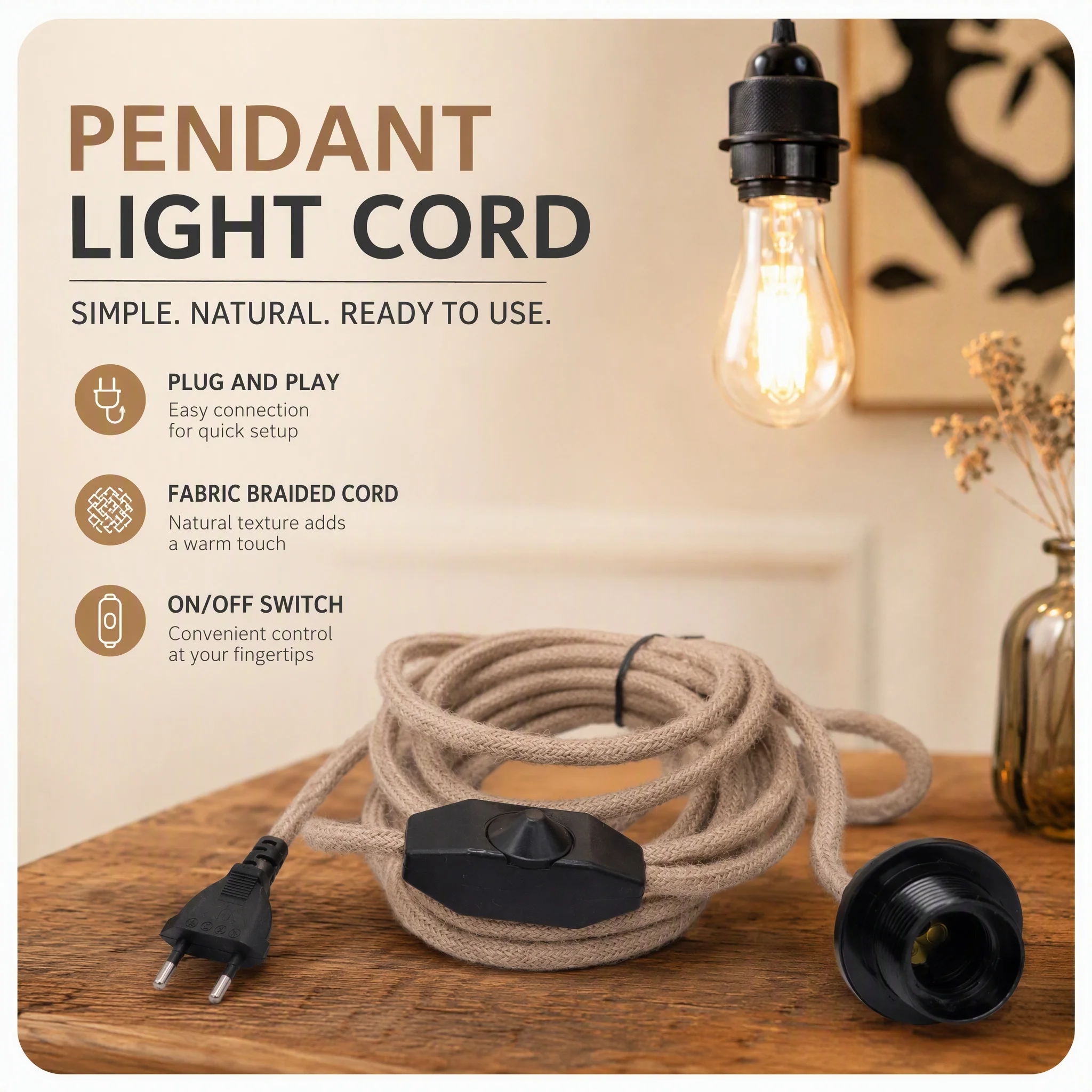 JOYINLED E27 Hemp Rope Pendant Light Cord with Switch Plug-in Hanging Lamp Kit Farmhouse Style Flexible Lamp Cord Twist Cord