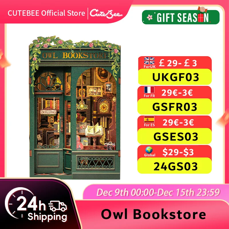 CUTEBEE DIY Book Nook Kit Miniature Wooden Dollhouse with Lights Bookshelf Insert 3D Puzzle Decor Model for Gifts Owl Bookstore