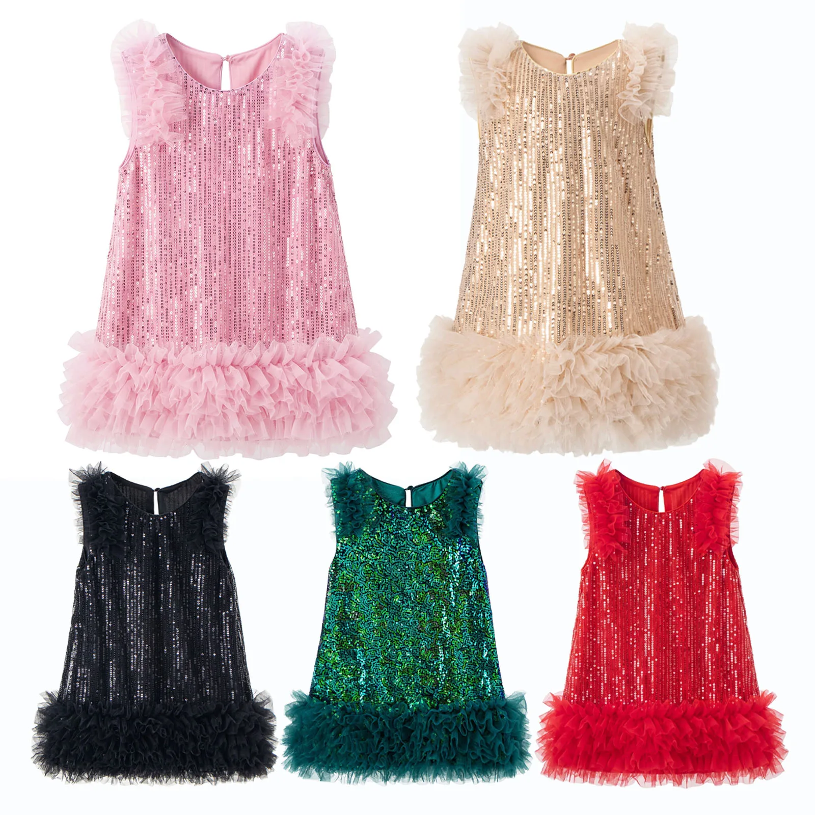 Girls Multi Color Sequin Princess Dress Sleeveless Ruffle Tulle Tutu Skirt Kids Birthday Party Formal Gown Flowy Layered JY15