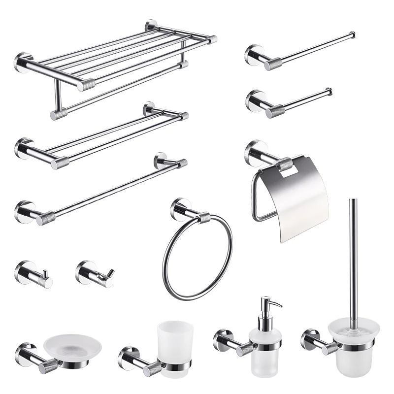 Bright Chrome Plated Stainless Steel Wall Mounted Hand Towel Bar Toilet Paper Holder Bathrobe Hook Soap Dish Toilet Brush Set
