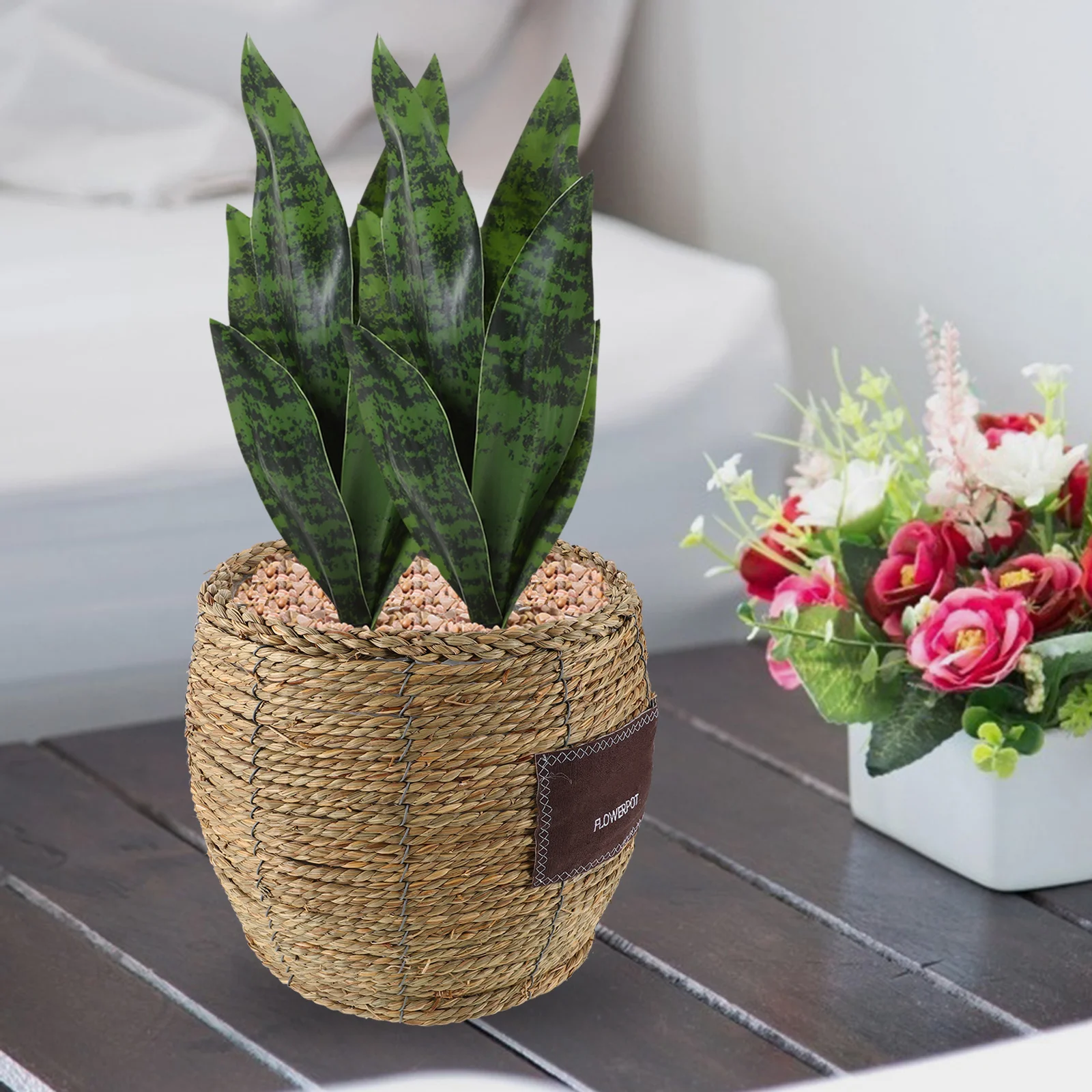 المنسوجة يدويا الروطان اناء للزهور الزخرفية المنسوجة سلة النبات للمنزل حديقة في الشرفة تخزين القش زارع تنفس الرطوبة