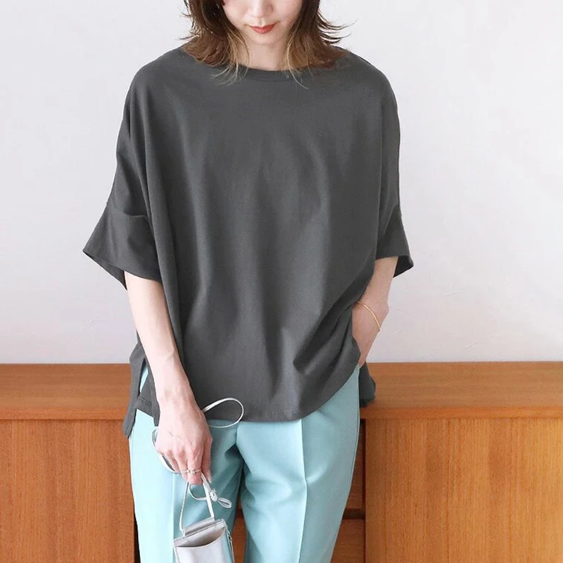 Loose Oversized Cotton T-irt Women's Lazy Sle Casual Splitting Top Korean Sle round Ne Seven Sve Summer irt