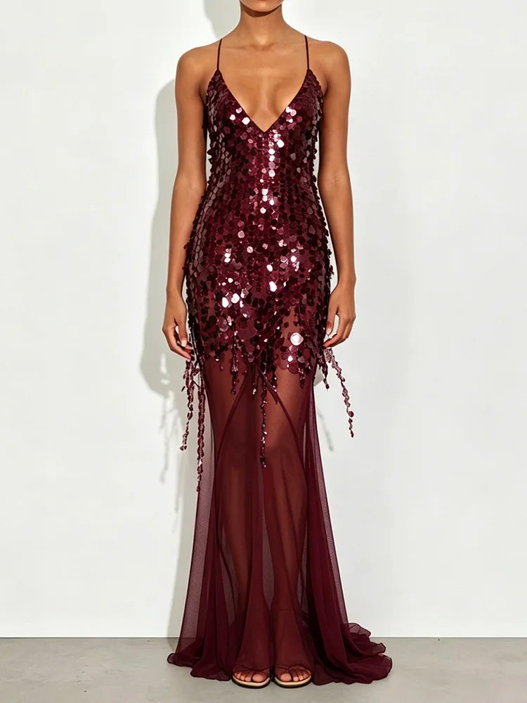 Backless Sequins Patchwork Simple Party Dress, Women Summer Solid Deep V Neck Maxi Dress, New Lacing Up Ladies Dresses Vestidos