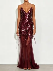 Backless Sequins Patchwork Simple Party Dress, Women Summer Solid Deep V Neck Maxi Dress, New Lacing Up Ladies Dresses Vestidos