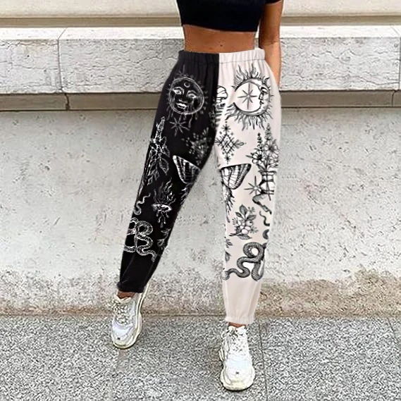 

European and American plus size women's clothing fat girl loose casual sports pants printed flower leg slimming harem pants