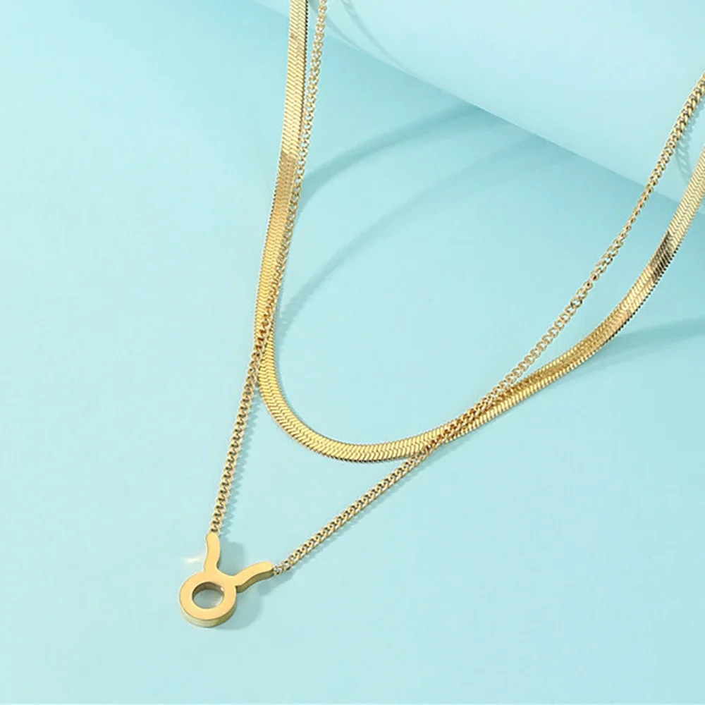 Skyrim Stainless Steel Constellation Necklace Women Double Layer Chain Taurus Libra Gemini Virgo Leo 12 Zodiac Astrology Jewelry