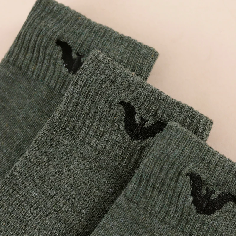 3 Pairs Of Seasonal Trendy, Cool, Funny, Fashionable Halloween Bat Embroidery Pattern Versatile Military Green Mid Tube Socks