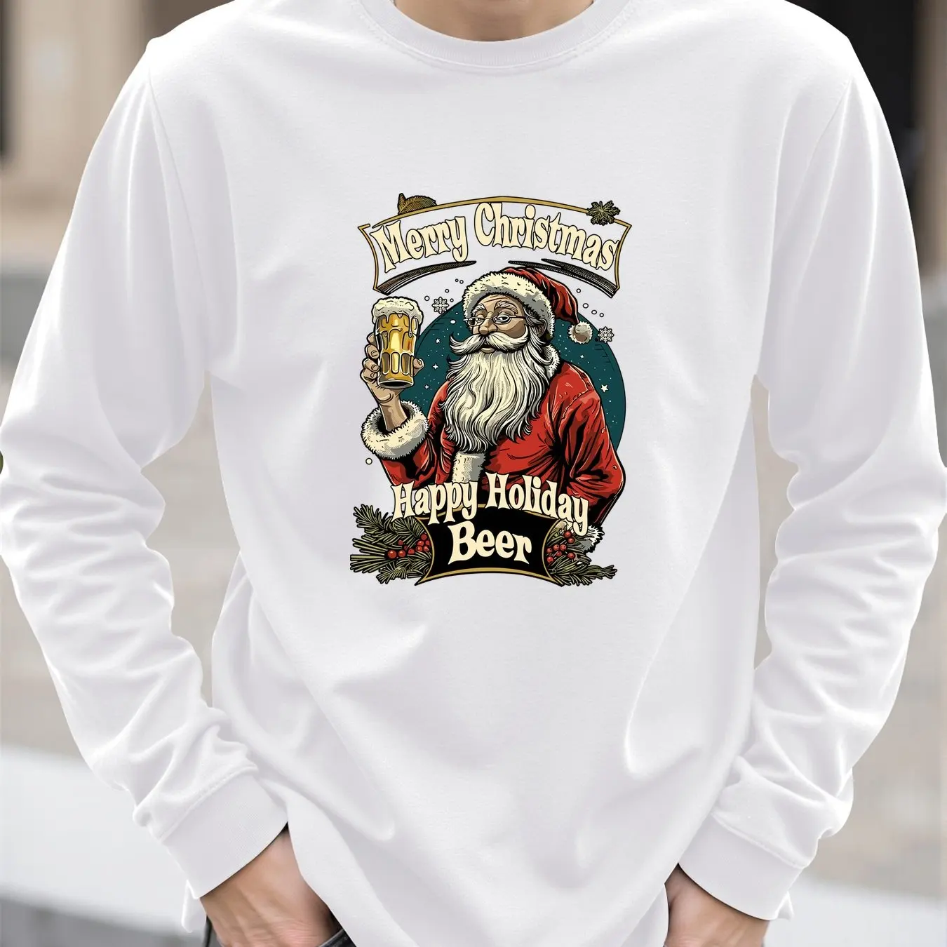 Santa Claus Pattern Men's Long Sleeve T-shirt Funny Christmas Tree Print Loose Tops Autumn Fashion X'mas Tees New Year Clothing