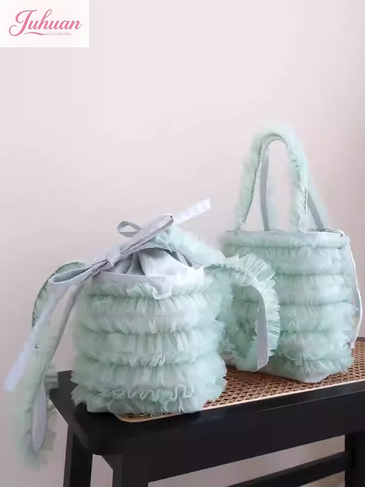 

Kawaii Japanese sweet cute women's bag Lolita lace pleated girls shoulder bag layered yarn solid color oblique span bags