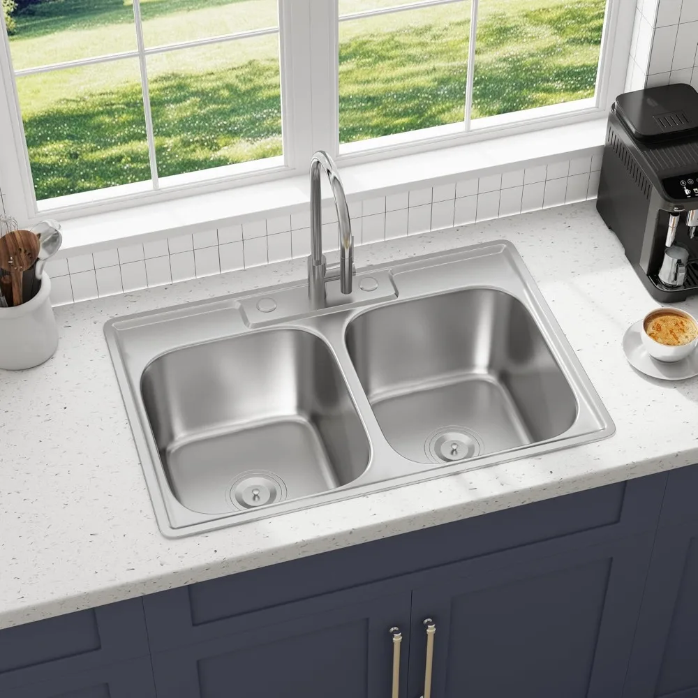 

Double Bowl Kitchen Sink Topmount 50/50 Drop In 18 Gauge 304 Stainless Steel Sinks with Basket Strainer