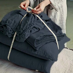 Pure Linen Fitted Bed Sheet Set, Sheet with Elastic Band and Pillowcases, Soft, Breathable Mattress Cover for Queen King Bed