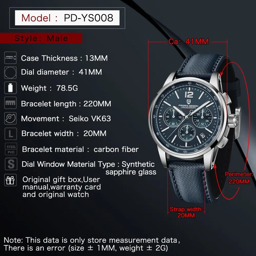 PAGANI DESIGN 41mm Men's Classic Sport Quartz Watch Japan VK63 Movt 100M Water Resistant Sapphire Stainless Steel Chronograph