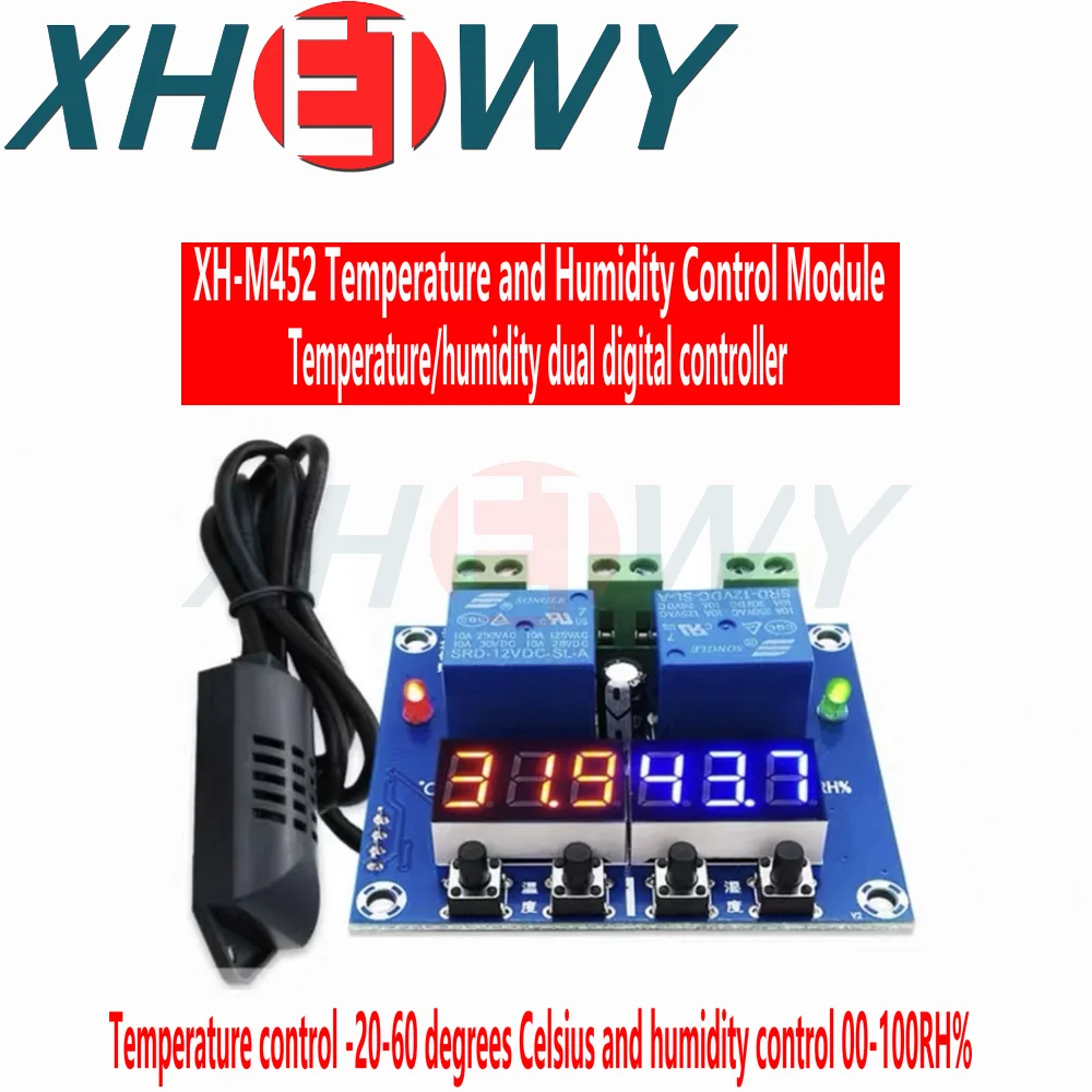 XH-M452เทอร์โมสตัทดิจิตอลเซ็นเซอร์ควบคุมความชื้นมีความแม่นยำสูงเอาต์พุตแบบคู่ DC 12V 10A อุณหภูมิคงที่อัตโนมัติ