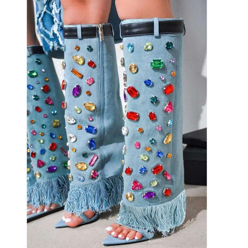 

Black Denim Cloth Long Jeans Boots For Women Colorful Rhinestones Fringe High-Top Botas Largas De Mujer Pointed Toe Sandals Lady