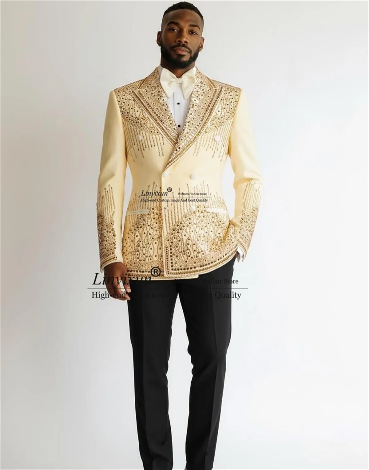 

Luxury Beaded Crystal Men Suits 2 Piece Sets Male Prom Blazer Customized Double Breasted Ropa hombre Slim Groom Wedding Tuxedos