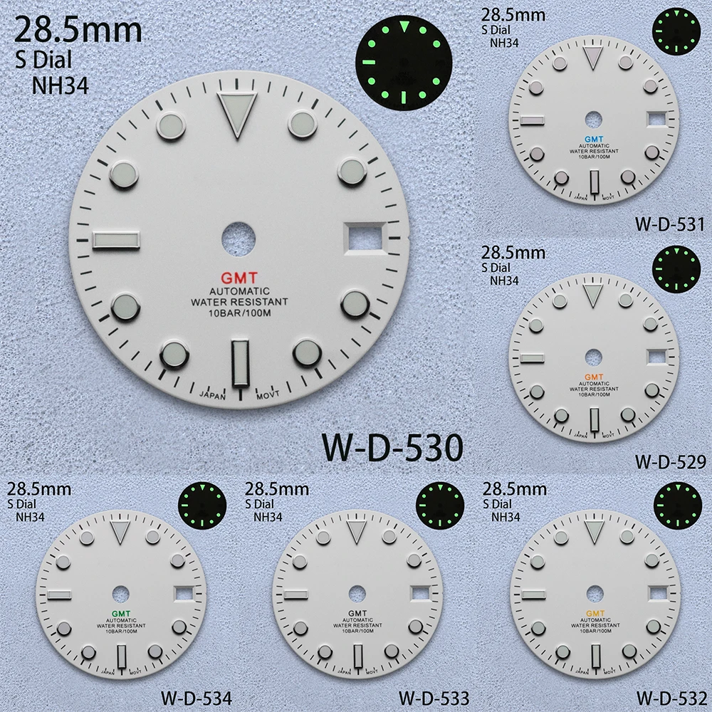 

28.5mm S Logo White GMT Dial Fit NH34 Movement Green Luminous Matte High-Quality Watch Modified Accessories