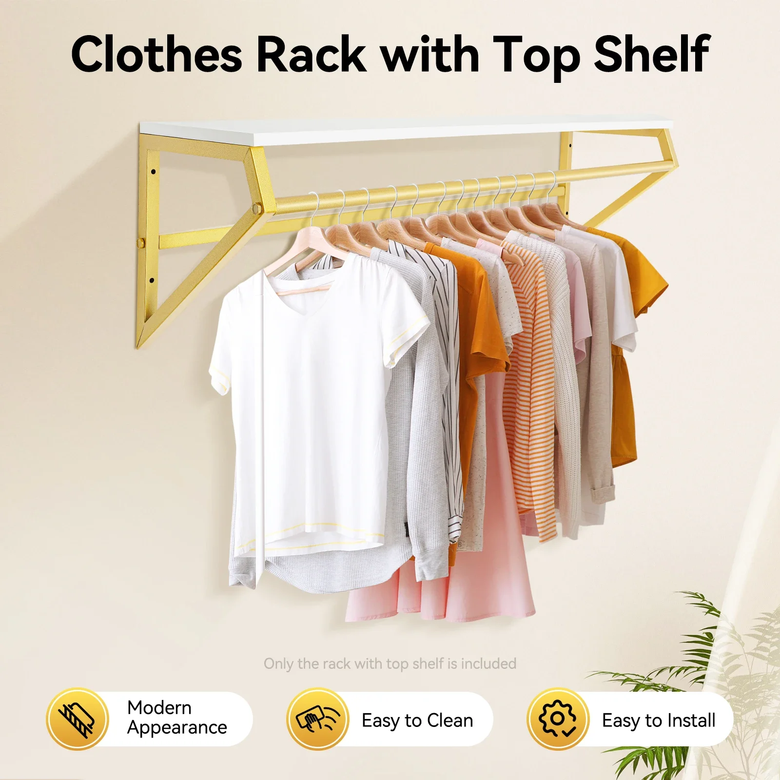 

(Gold) Wall-Mounted Garment Rack, Clothes Rack with Top Shelf, Display Hanging Clothes Rack, Load Capacity 30 KG, 105*25*30 cm