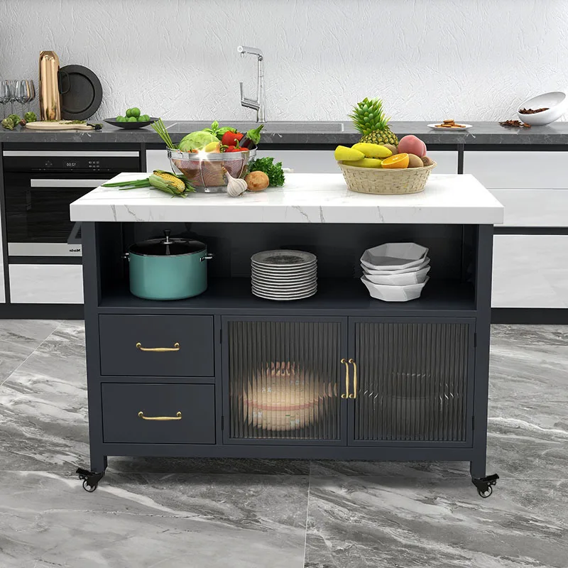 Kitchen island table, movable Nordic modern marble wrought iron locker,High Quality